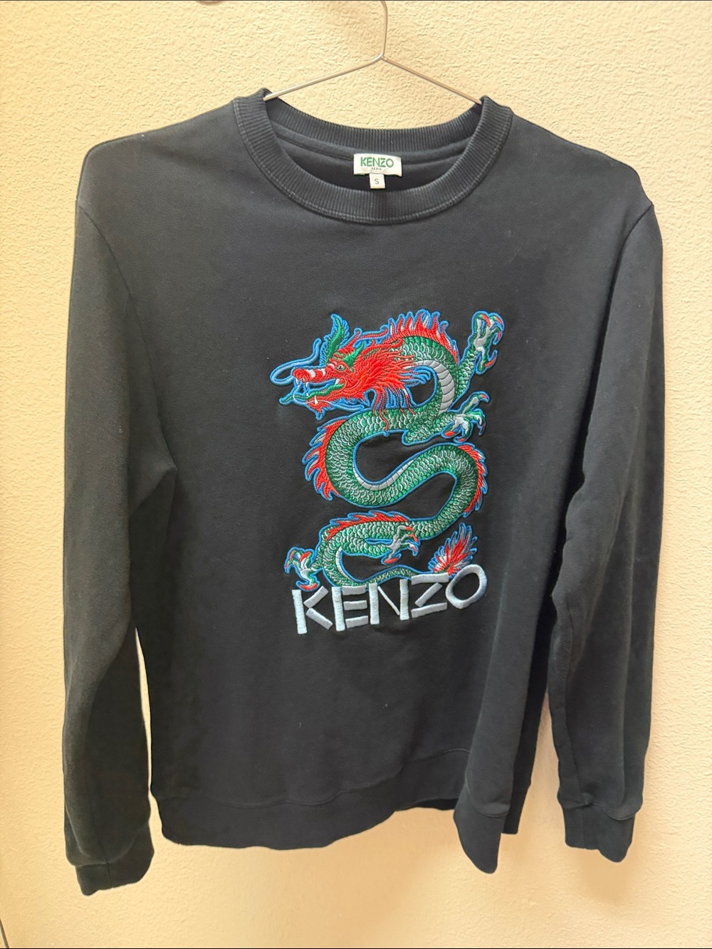 KENZO Black Crewneck Sweater with Green and Red Dragon Embroidery